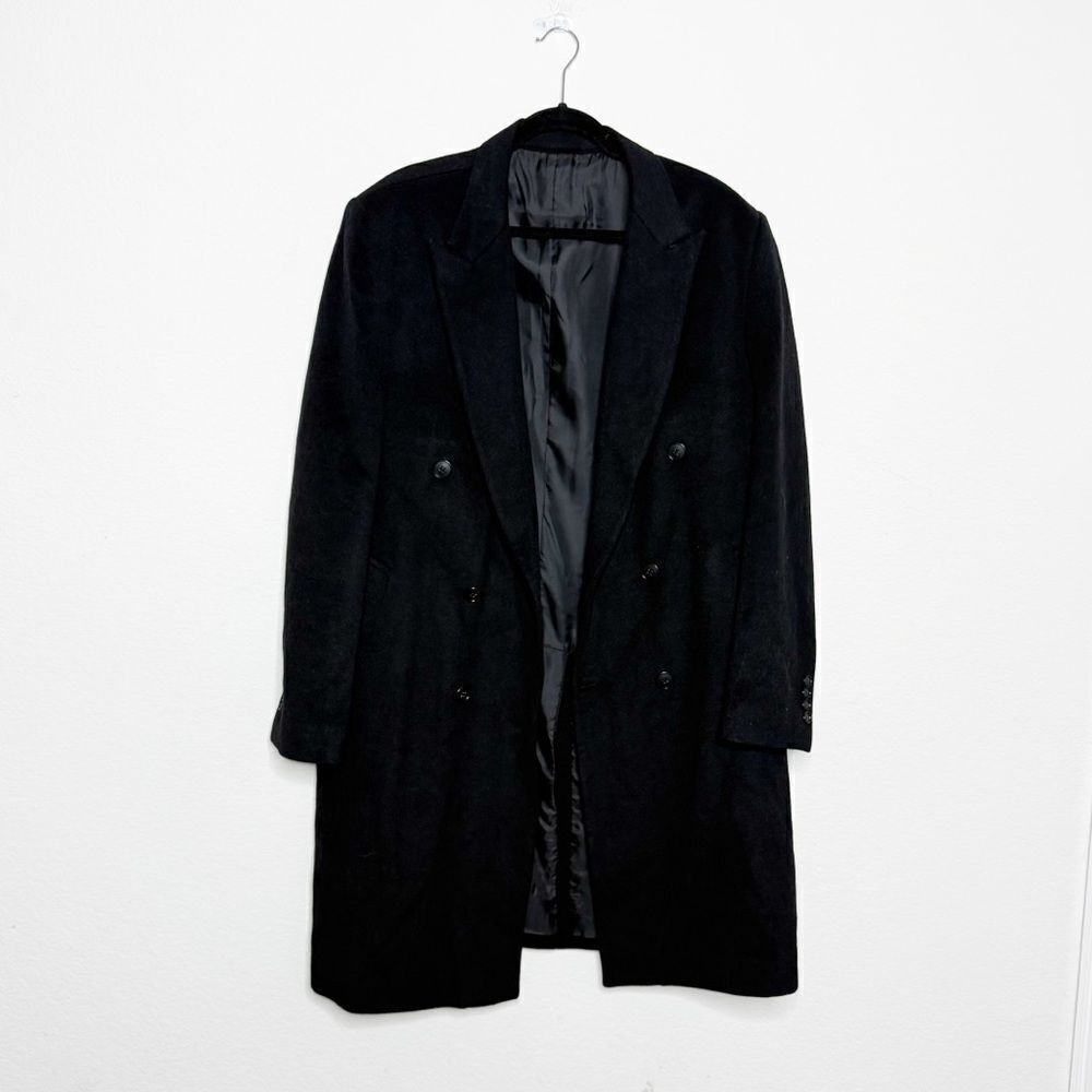 Vintage Alpha Custom Men's Tailor Black Double-Breasted Wool Overcoat Large